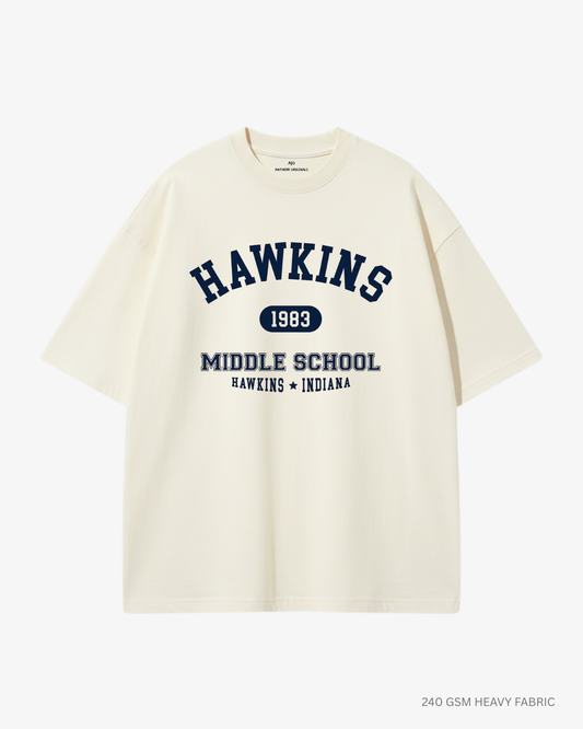 Hawkins Middle School Unisex Oversized T-Shirt Off White 240 GSM Cotton