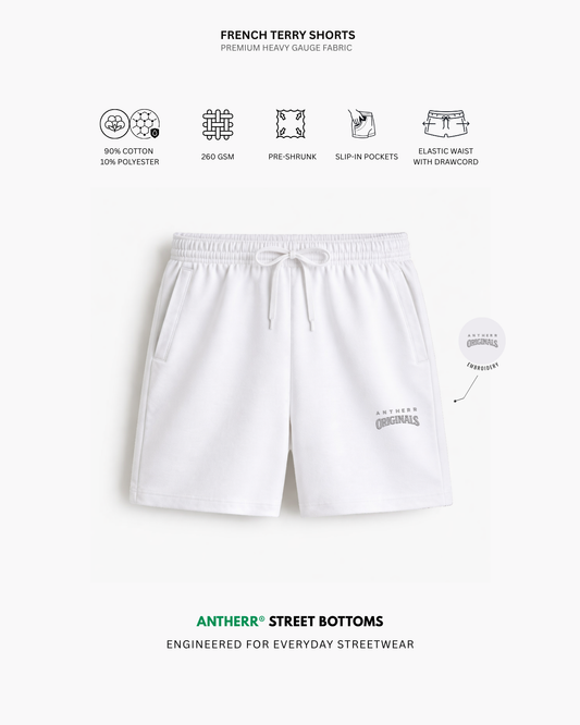 Premium White French Terry Shorts Unisex Comfort Fit ANTHERR Core