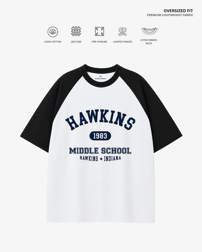 Hawkins Middle School Unisex Oversized T-Shirt Black-White 240 GSM Cotton