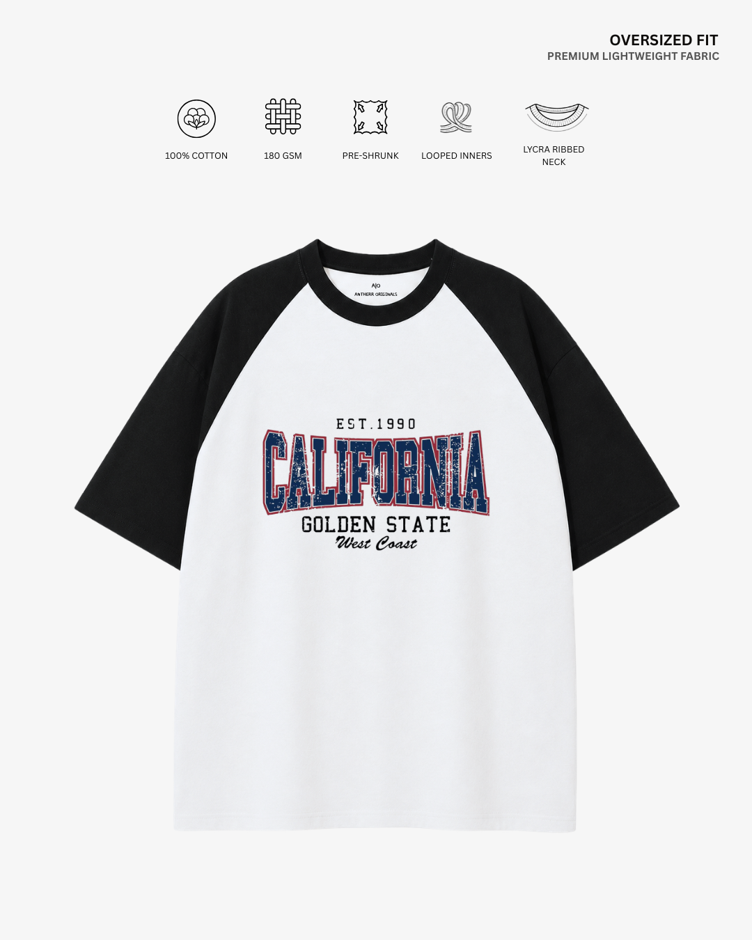 California Unisex Raglan Oversized T-Shirt Black-White Cotton 180 GSM