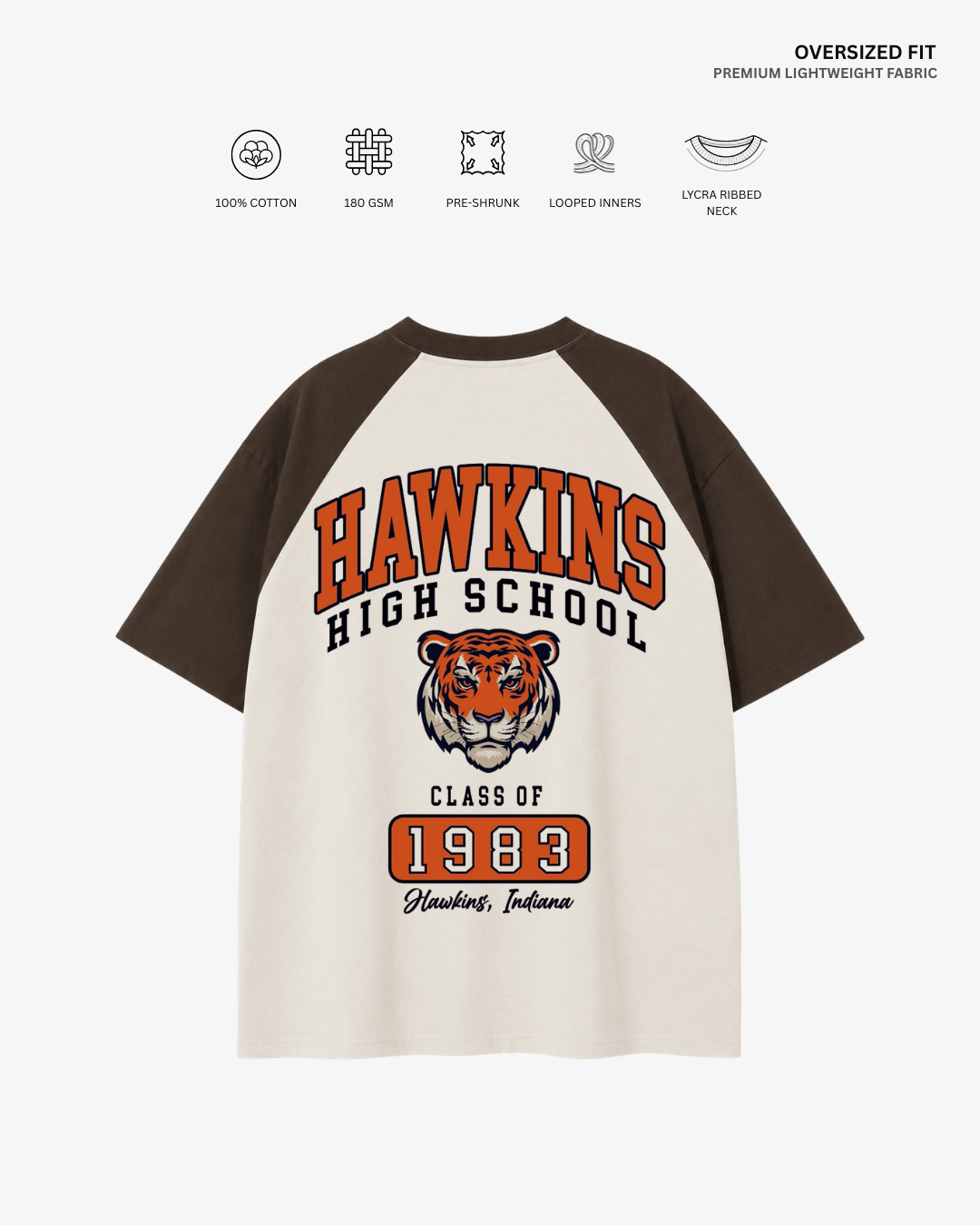 Hawkins High School Unisex Raglan Oversized T-Shirt Coffee Brown-Off White Cotton 180 GSM