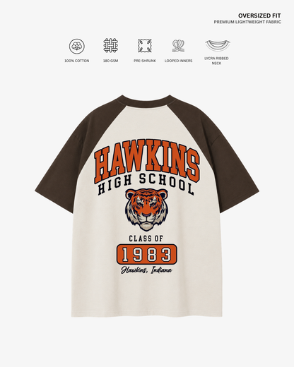 Hawkins High School Unisex Raglan Oversized T-Shirt Coffee Brown-Off White Cotton 180 GSM