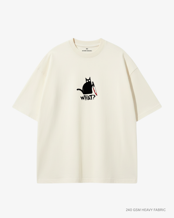 What? Cat Graphic Unisex Oversized T-Shirt | Antherr Core OFF-WHITE 240 GSM Cotton