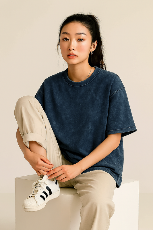 Acid Wash Oversized T-shirt for Women: Navy Blue