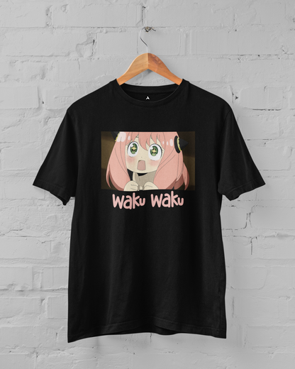 Waku Waku, Anya: SpyxFamily- Anime Oversized T-shirts BLACK