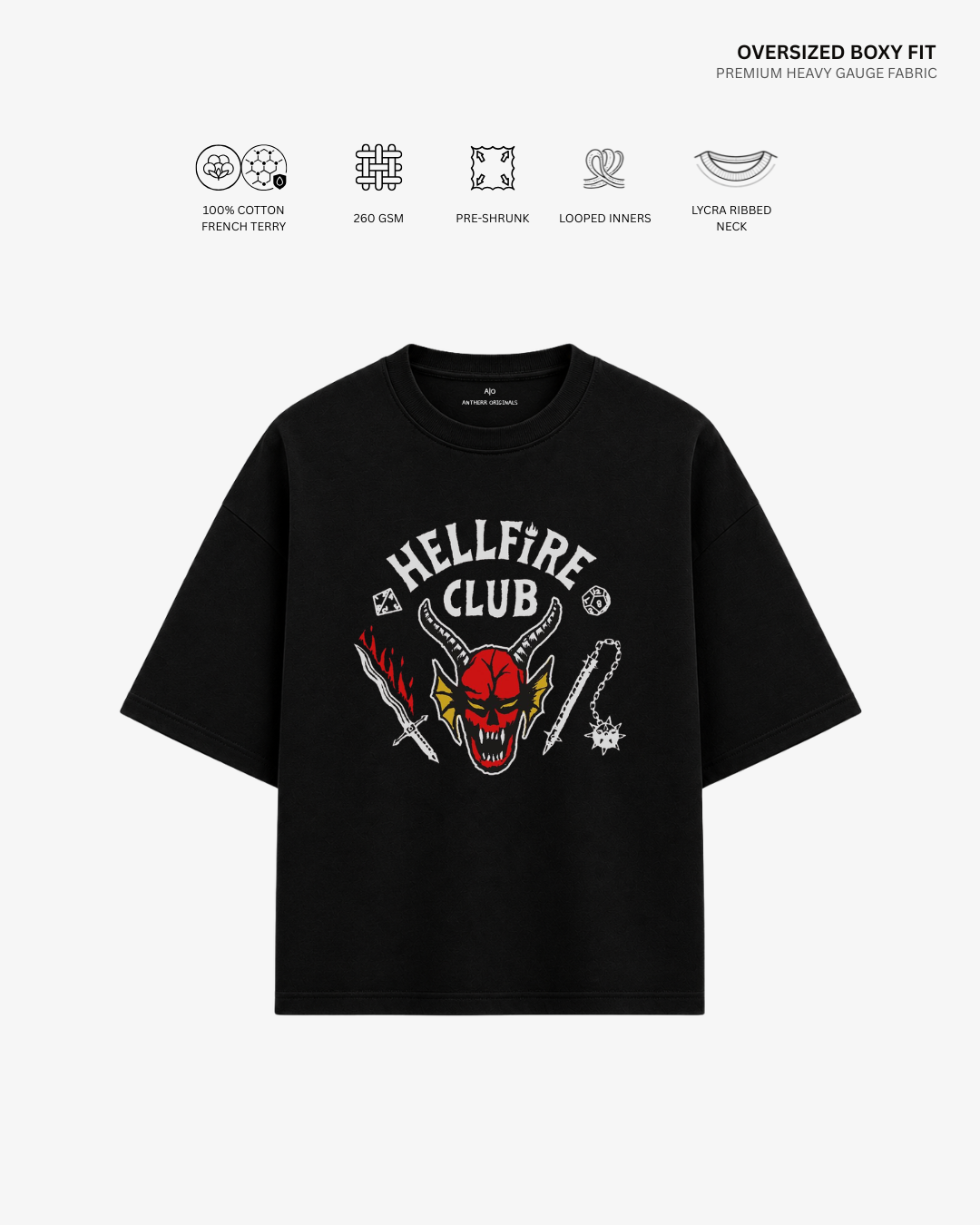 Hellfire Club Unisex Oversized T-Shirt Black Cotton French Terry 260 GSM