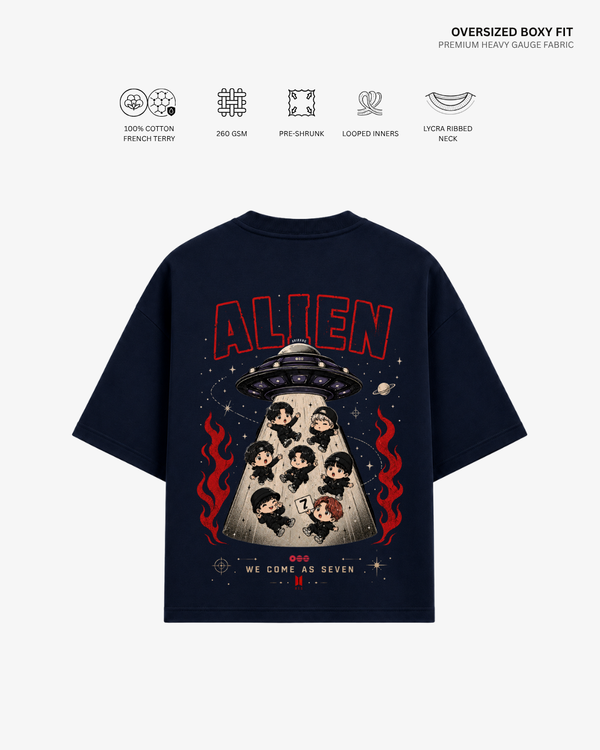Chibi Alien Arirang Unisex French Terry Oversized T-Shirt Navy Blue Cotton French Terry 260 GSM