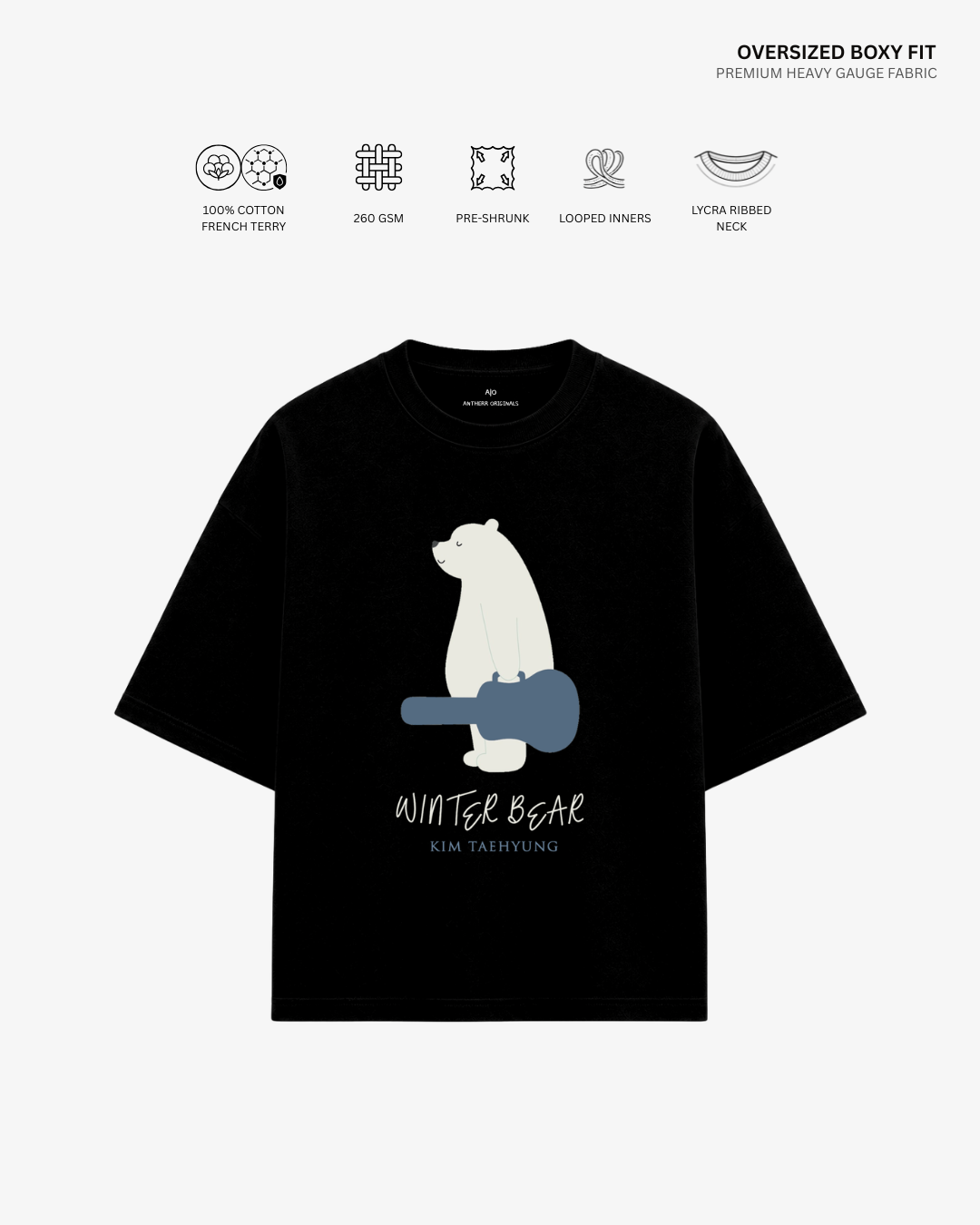 Winter Bear French Terry Oversized T-Shirt | Antherr Core Black Cotton French Terry 260 GSM