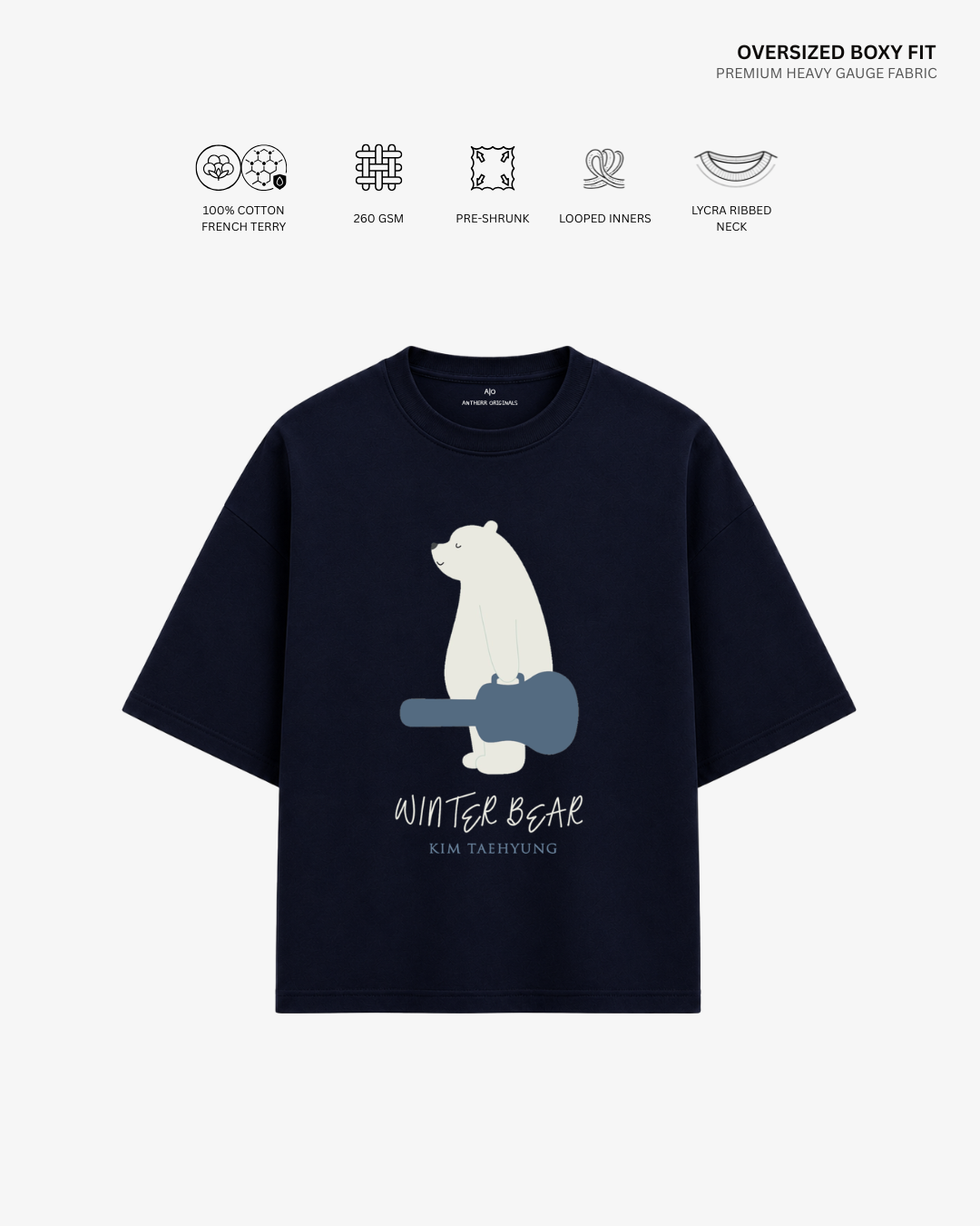 Winter Bear French Terry Oversized T-Shirt | Antherr Core Navy Blue Cotton French Terry 260 GSM