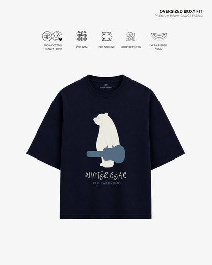 Winter Bear French Terry Oversized T-Shirt | Antherr Core Navy Blue Cotton French Terry 260 GSM