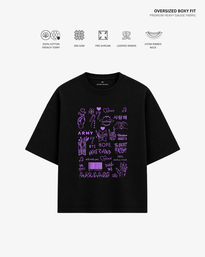 BTS Doodle French Terry Oversized T-Shirt | Antherr Core Black Cotton French Terry 260 GSM