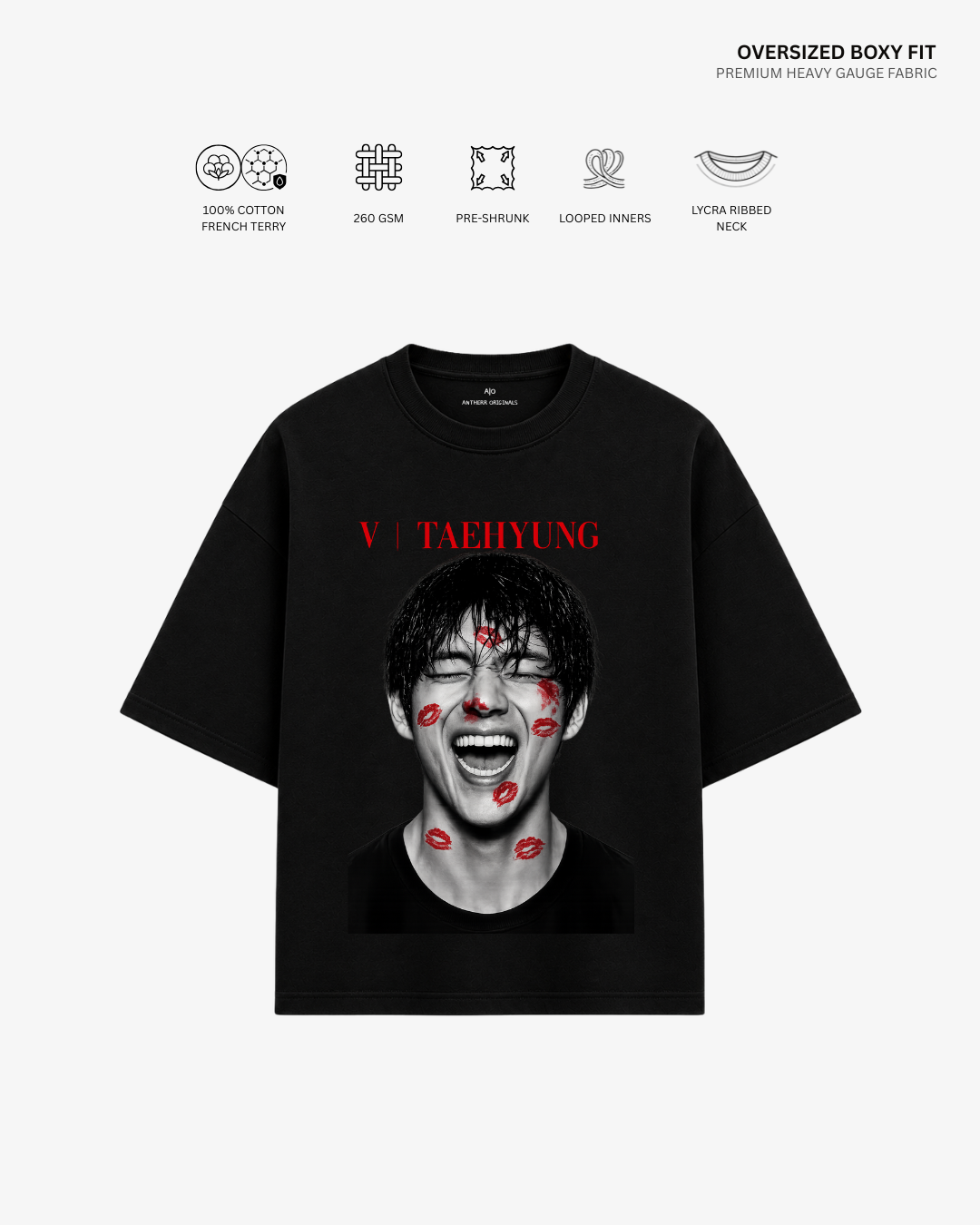 V Taehyung French Terry Oversized T-Shirt | Antherr Core Black Cotton French Terry 260 GSM