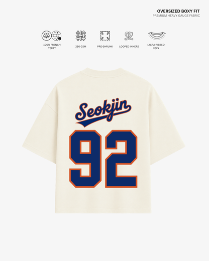 Bangtan Varsity Blue Edition Unisex French Terry Oversized T-Shirt | Antherr Core Seokjin (Off White) Cotton French Terry 260 GSM
