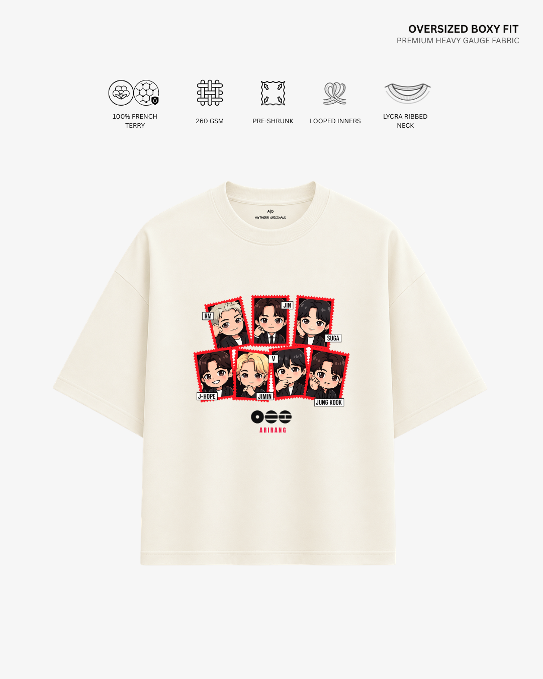 Chibi Arirang BTS Member Unisex French Terry Oversized T-Shirt | Antherr Core Off White Cotton French Terry 260 GSM