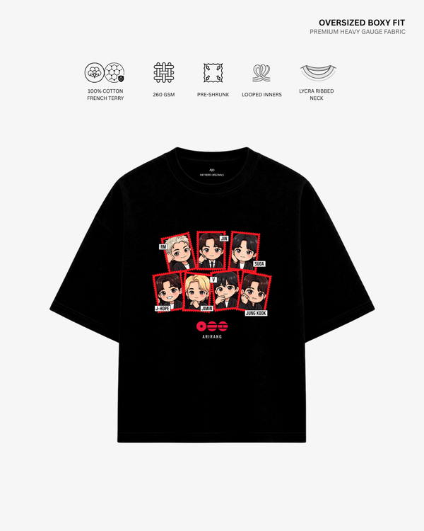 Chibi Arirang BTS Member Unisex Oversized T-Shirt | Antherr Core Black Cotton French Terry 260 GSM