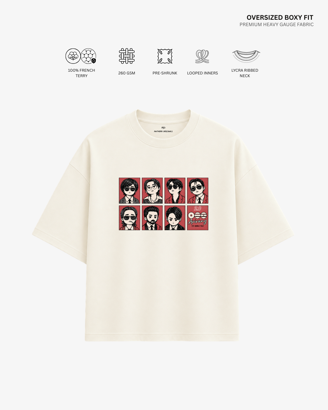 BTS 2.0 Chibi Arirang Unisex Oversized T-Shirt | Antherr Core Off White Cotton French Terry 260 GSM
