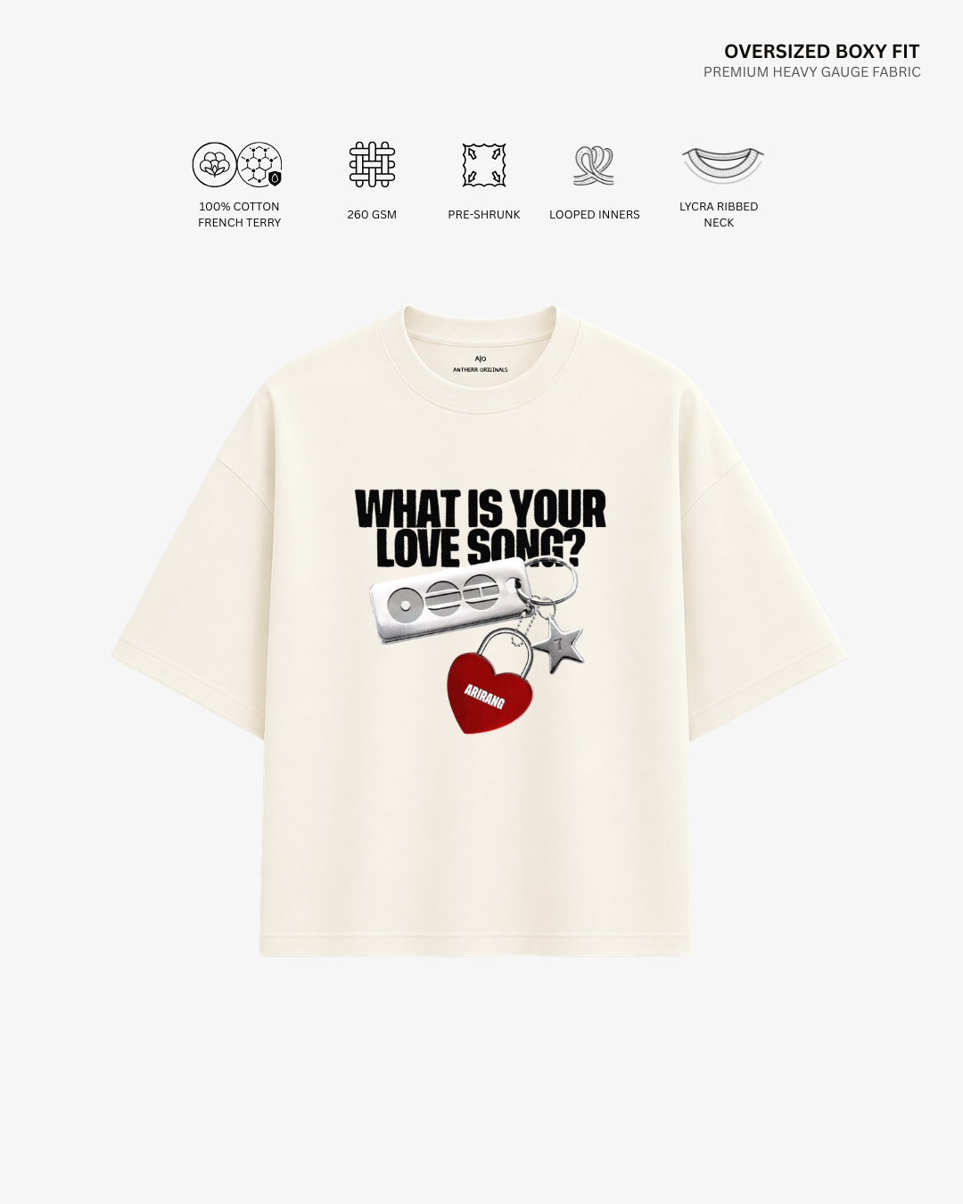 What Is Your Love Song? Arirang Unisex Oversized T-Shirt | Antherr Core Off White Cotton French Terry 260 GSM