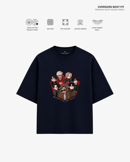 Chibi BTS 2.0 Arirang Unisex Oversized T-Shirt | Antherr Core Navy Blue Cotton French Terry 260 GSM