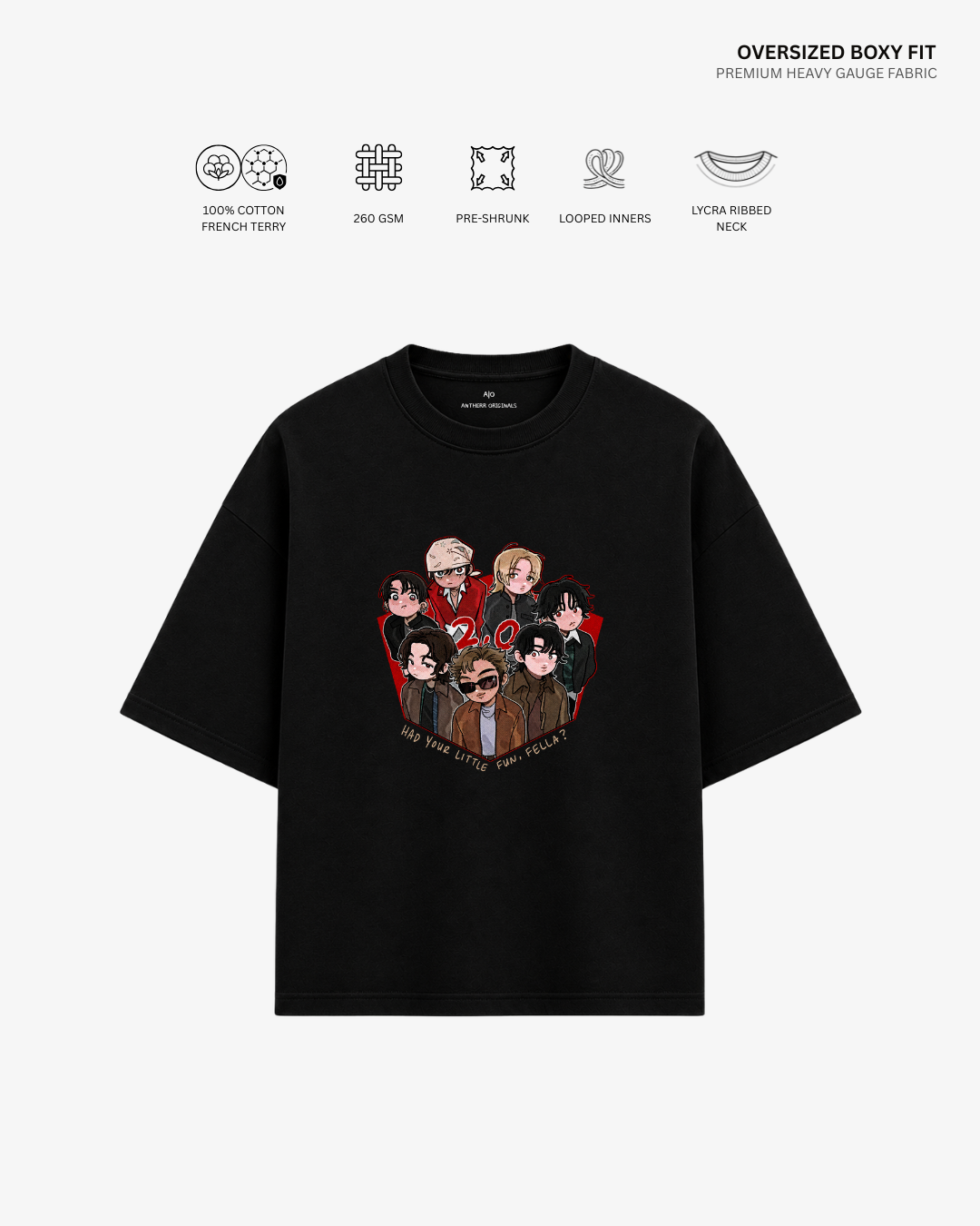Chibi BTS 2.0 Arirang Unisex Oversized T-Shirt | Antherr Core Black Cotton French Terry 260 GSM