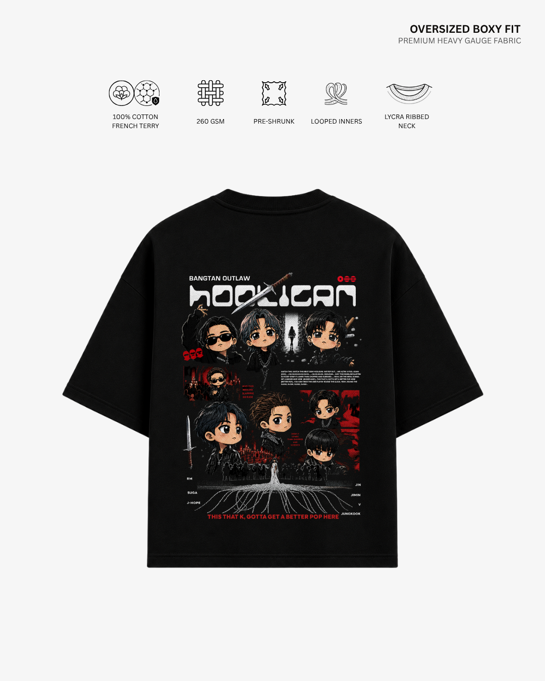 Chibi Hooligan Arirang Unisex Oversized T-Shirt Black Cotton French Terry 260 GSM