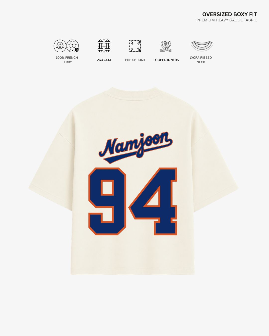 Bangtan Varsity Blue Edition Unisex French Terry Oversized T-Shirt | Antherr Core Namjoon (Off White) Cotton French Terry 260 GSM
