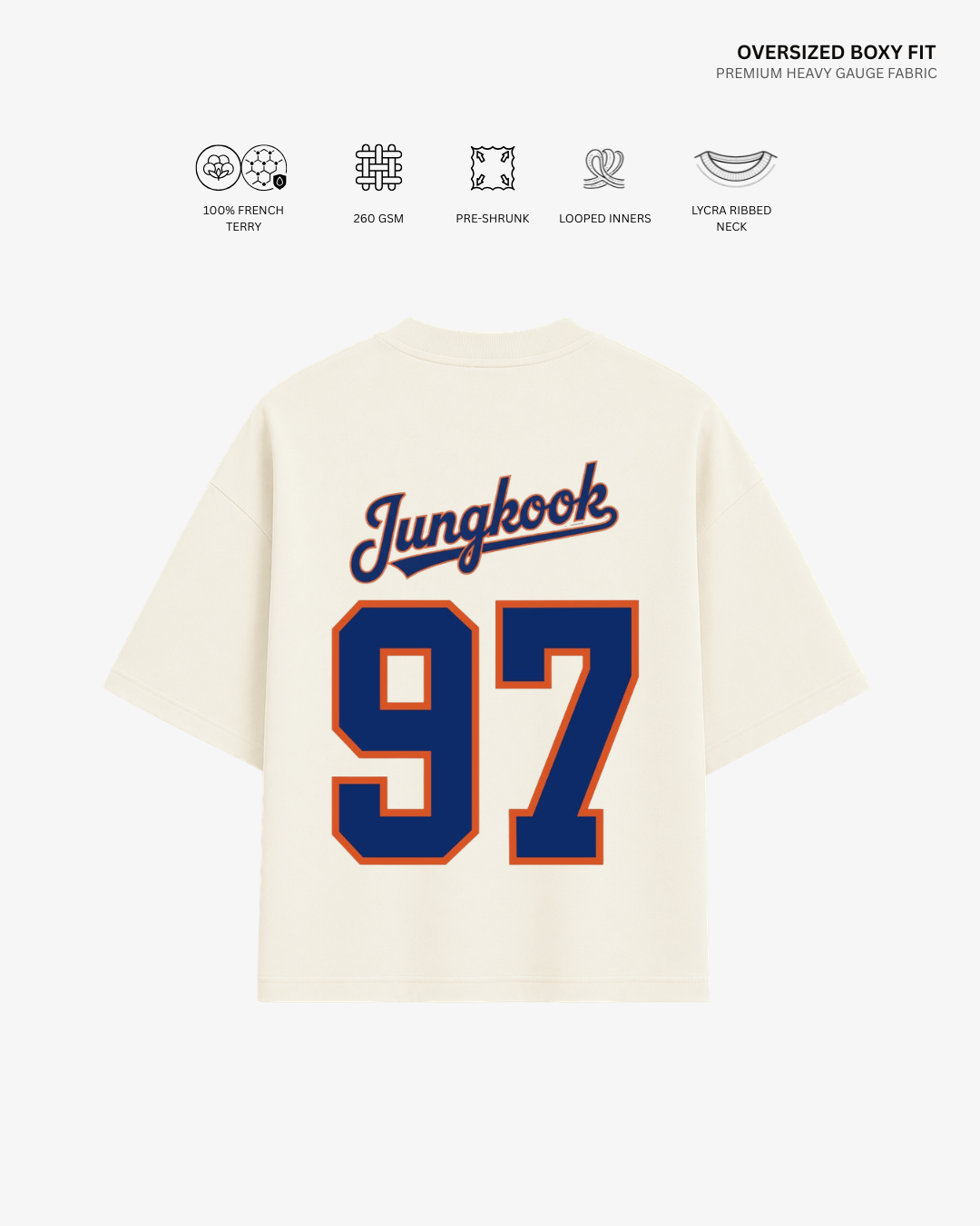 Bangtan Varsity Blue Edition Unisex French Terry Oversized T-Shirt | Antherr Core Jungkook (Off White) Cotton French Terry 260 GSM