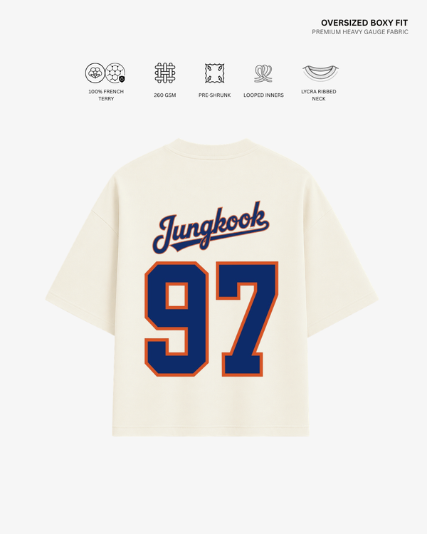 Bangtan Varsity Blue Edition Unisex French Terry Oversized T-Shirt | Antherr Core Jungkook (Off White) Cotton French Terry 260 GSM