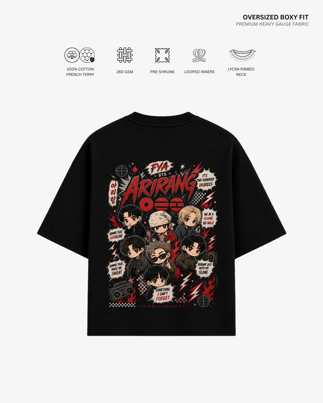Chibi FYA Arirang Unisex French Terry Oversized T-Shirt Black Cotton French Terry 260 GSM