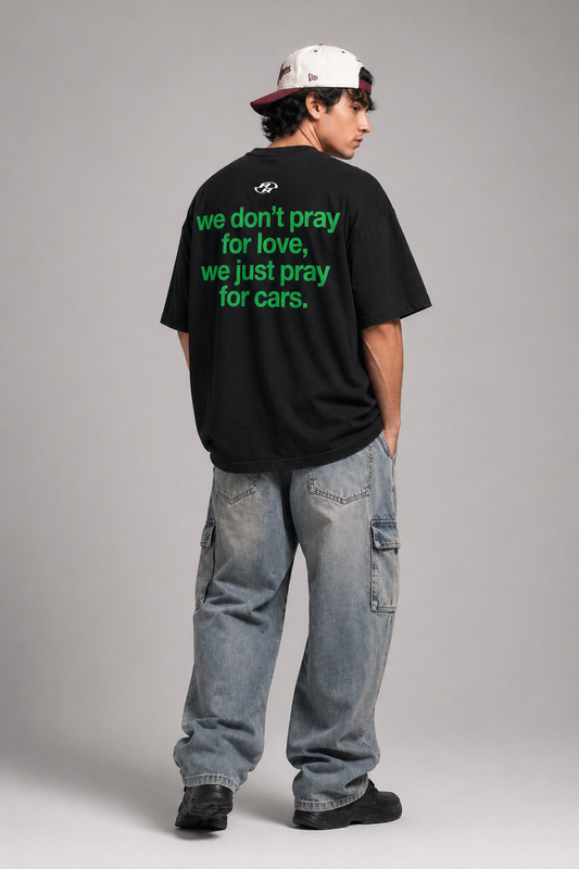 we pray for cars oversized black tshirt