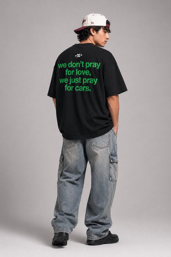 we pray for cars oversized black tshirt
