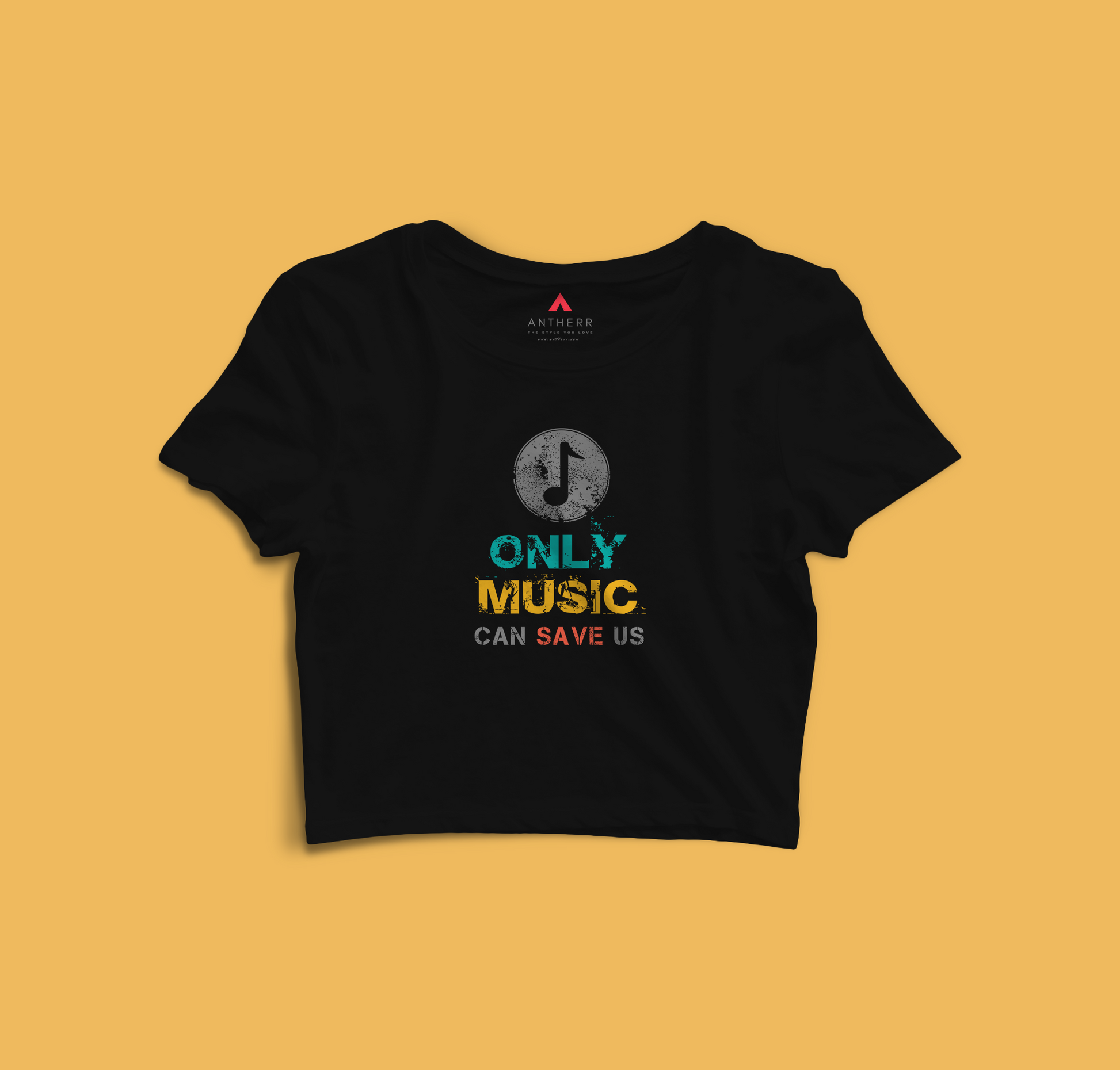 "ONLY MUSIC CAN SAVE US" - HALF-SLEEVE CROP TOP BLACK