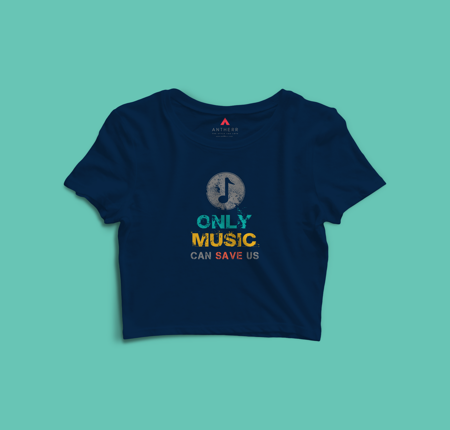 "ONLY MUSIC CAN SAVE US" - HALF-SLEEVE CROP TOP NAVY BLUE