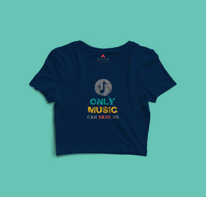 "ONLY MUSIC CAN SAVE US" - HALF-SLEEVE CROP TOP NAVY BLUE