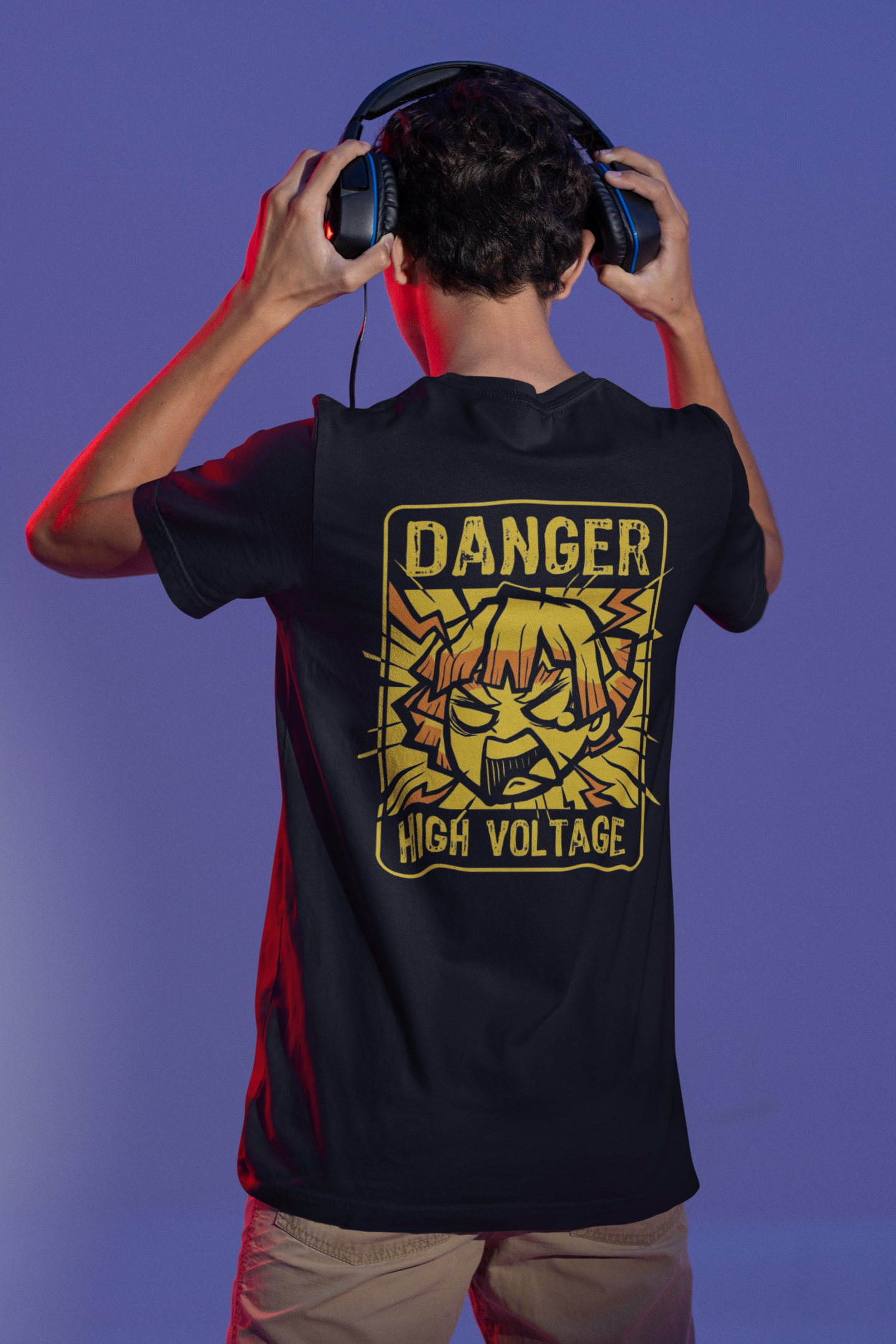 Zenitsu High Voltage: Demon Slayer (Double Sided Print) Regular Fit Half Sleeve T-Shirts BLACK
