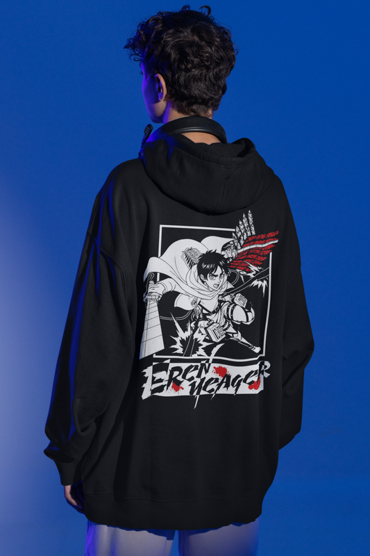 Eren Yeager- Attack of Titan (Double Sided Print): WINTER HOODIES BLACK