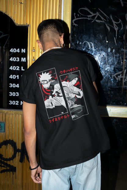 Nine Tail- Uchiha and Uzumaki (Double Sided Print): Anime- Regular Fit T-Shirts BLACK