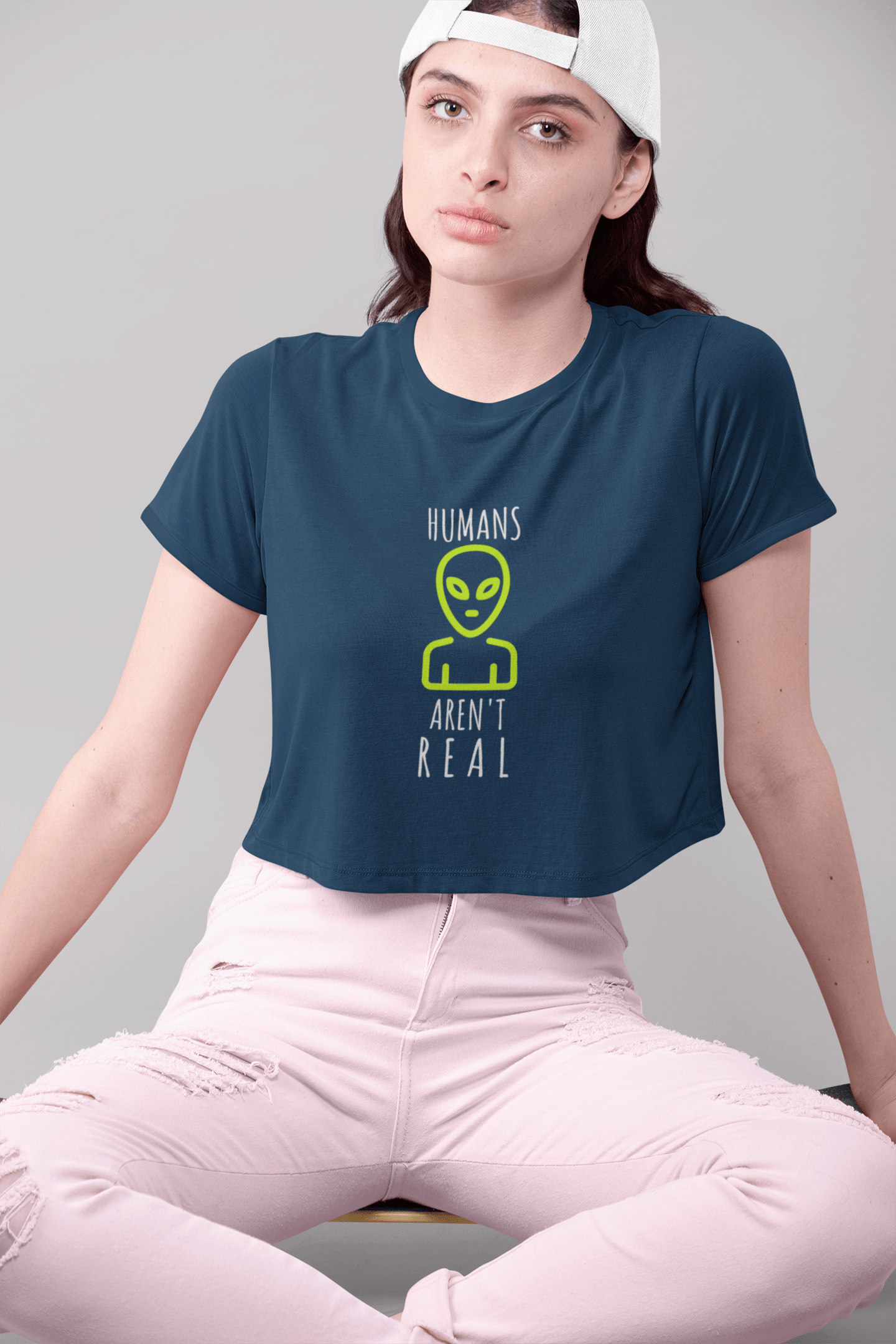 " HUMANS ARE NOT REAL " - HALF-SLEEVE CROP TOPS NAVY BLUE
