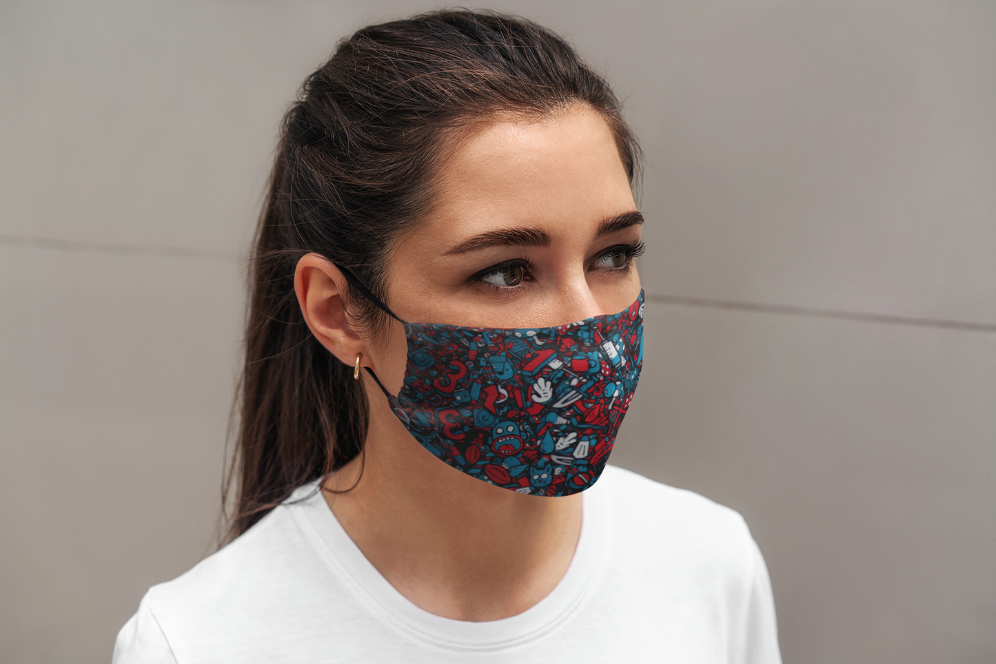 "Blue & Red Boo Doodle Patterns"- Printed Tetra Shield Protection Unisex Mask Female