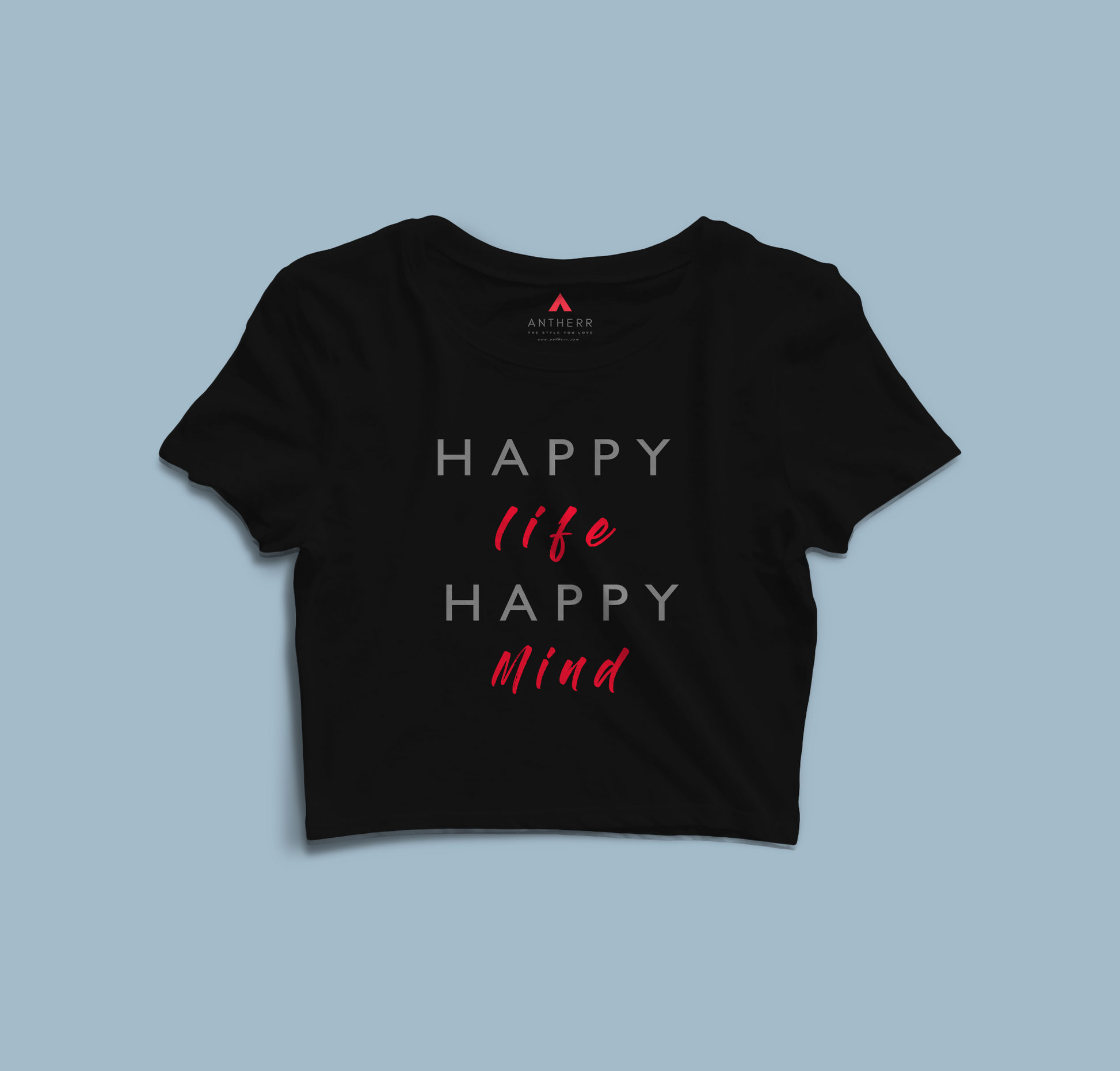 "HAPPY LIFE HAPPY MIND" - HALF-SLEEVE CROP TOPS BLACK