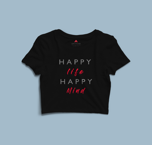 "HAPPY LIFE HAPPY MIND" - HALF-SLEEVE CROP TOPS BLACK