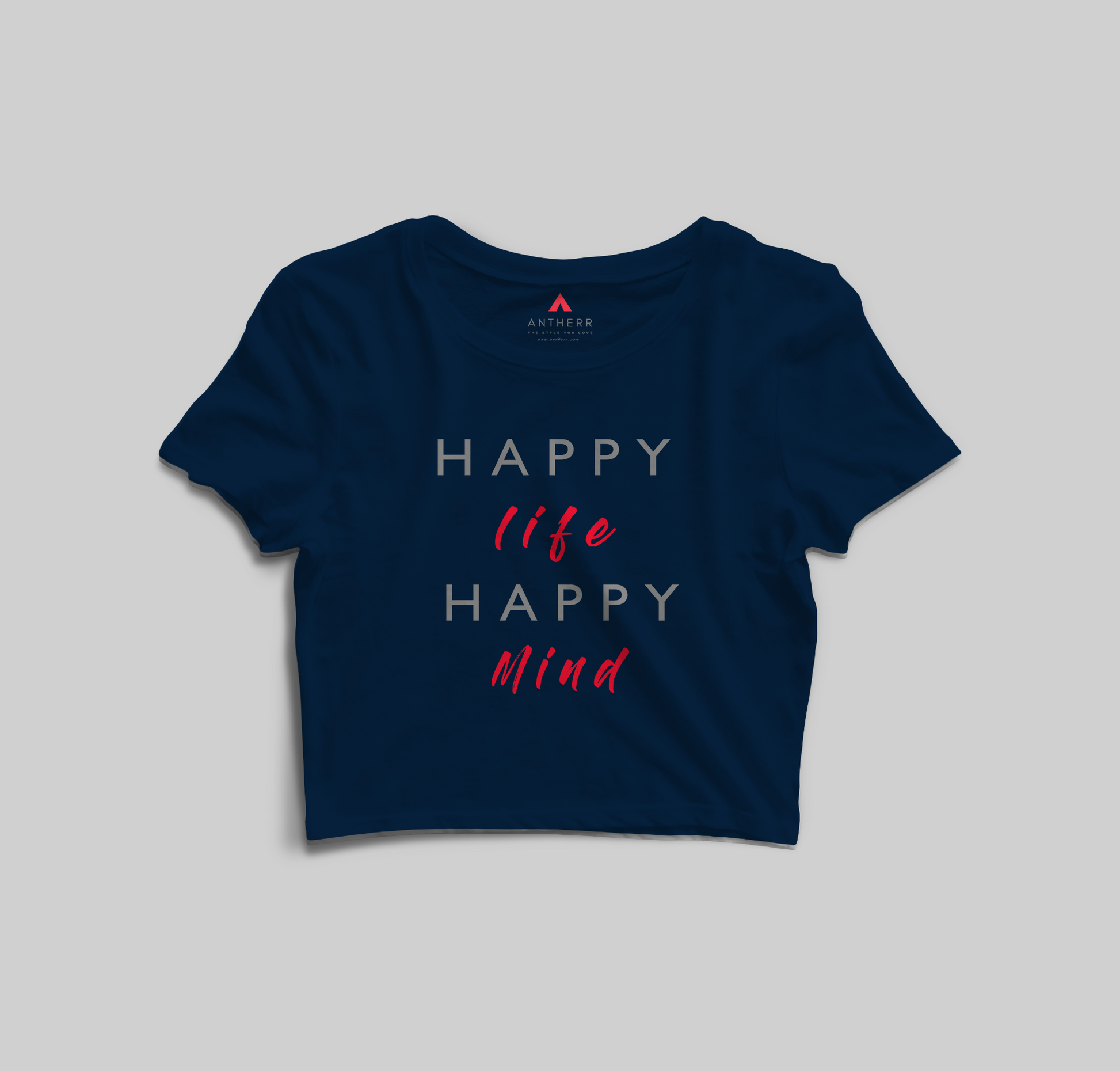 "HAPPY LIFE HAPPY MIND" - HALF-SLEEVE CROP TOPS NAVY-BLUE