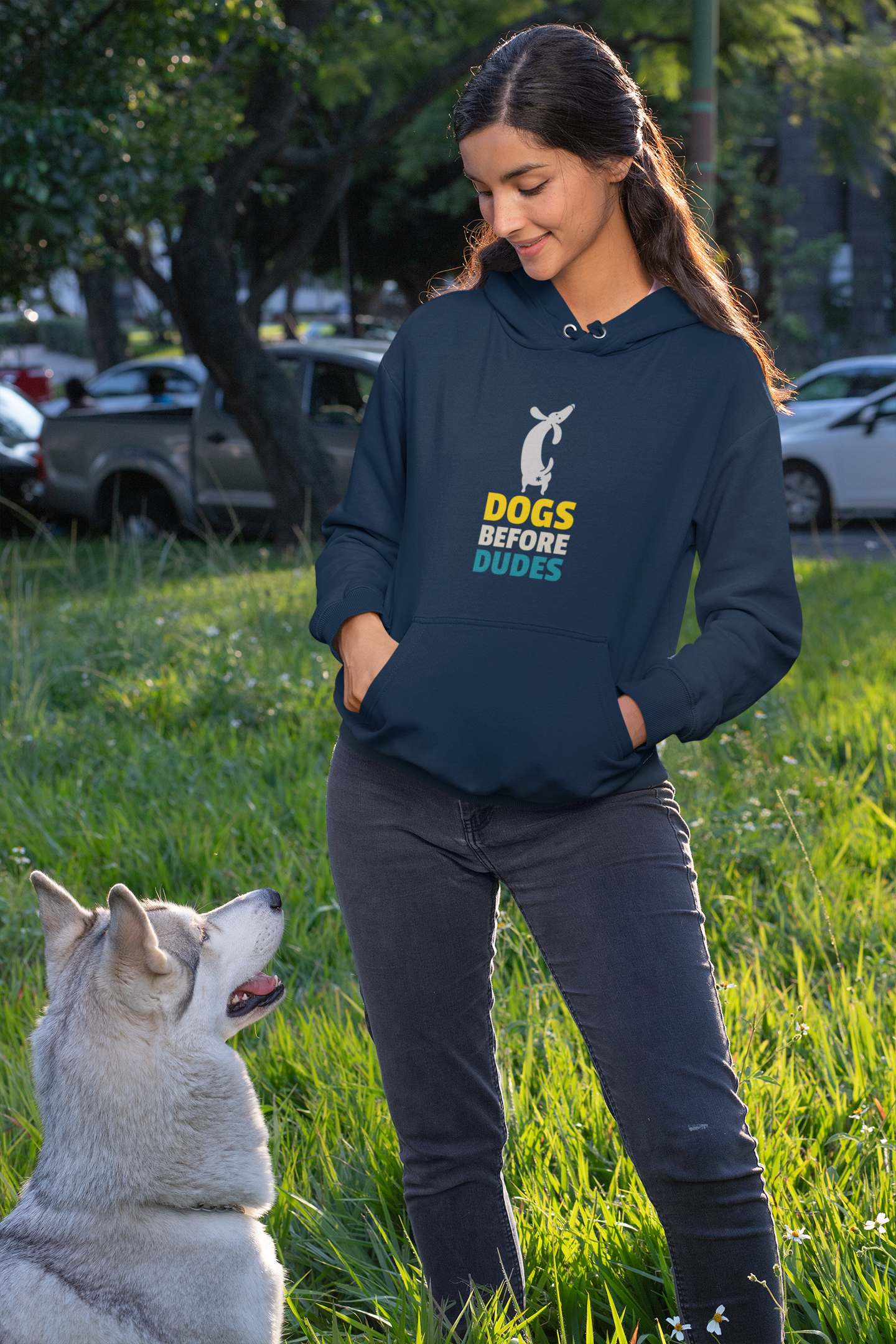 "DOGS BEFORE DUDES "- WINTER HOODIES NAVY BLUE