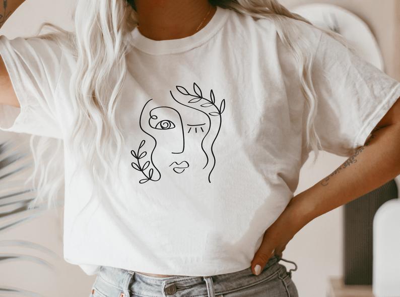 Floral Girl Line Art- MINIMAL : Unisex Half-Sleeve T-Shirt WHITE