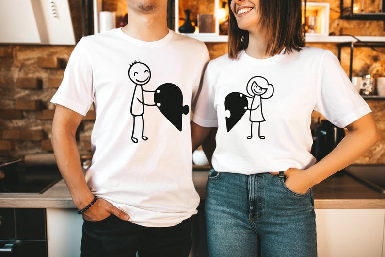 Heart Puzzle - Half Sleeve Couple T-Shirts BOTH WHITE