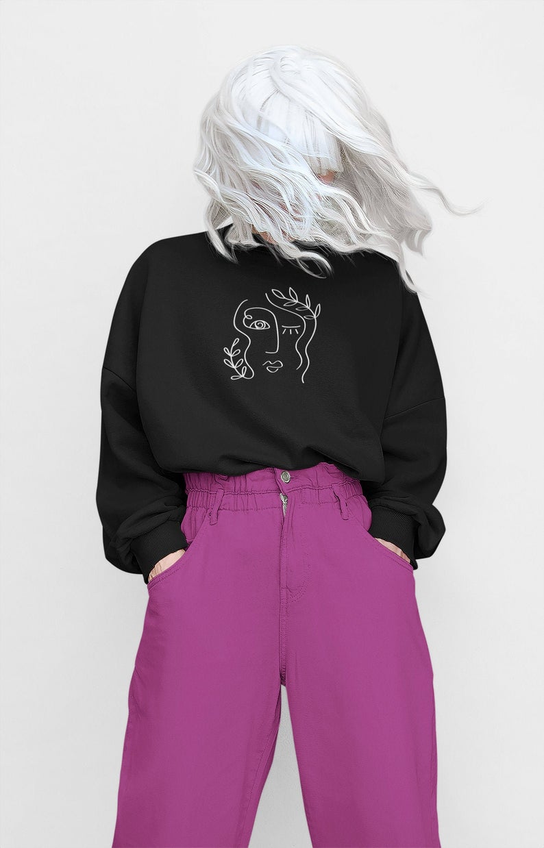 Floral Girl Line Art- MINIMAL : Winter Sweatshirts BLACK