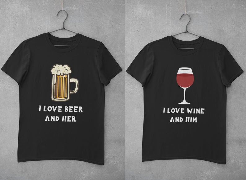 Beer & Wine Love : Half Sleeve Couple T shirts Black