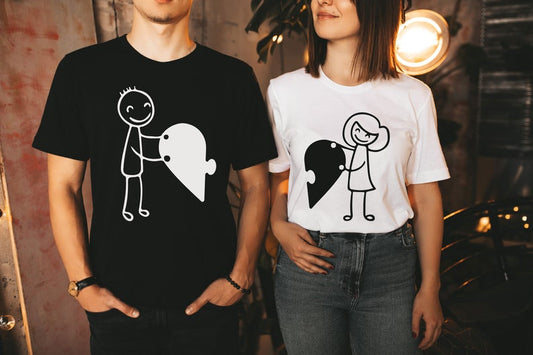 Heart Puzzle - Half Sleeve Couple T-Shirts BLACK & WHITE