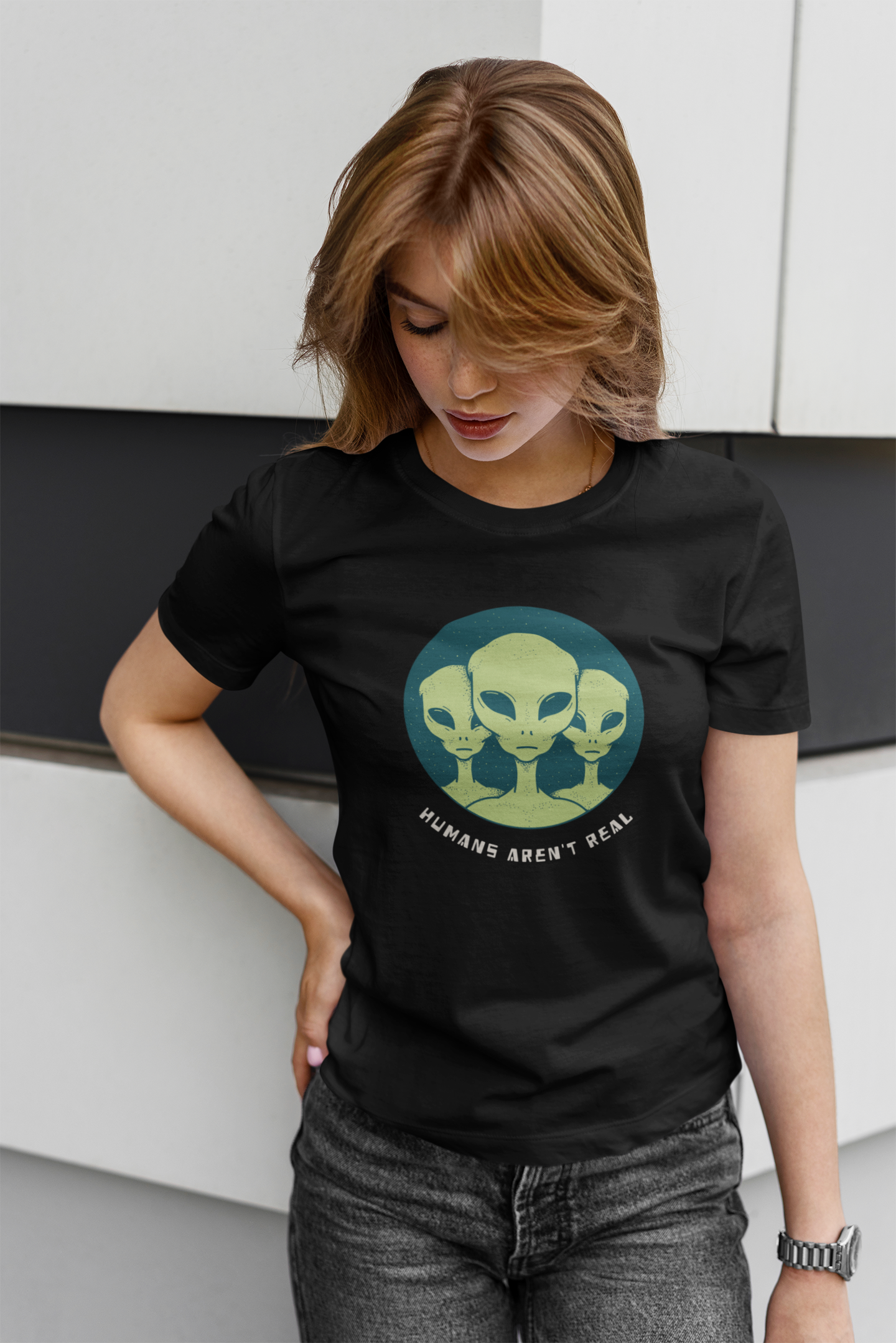 HUMANS AREN'T REAL : ALIEN & SPACE- HALF-SLEEVE T-SHIRTS BLACK
