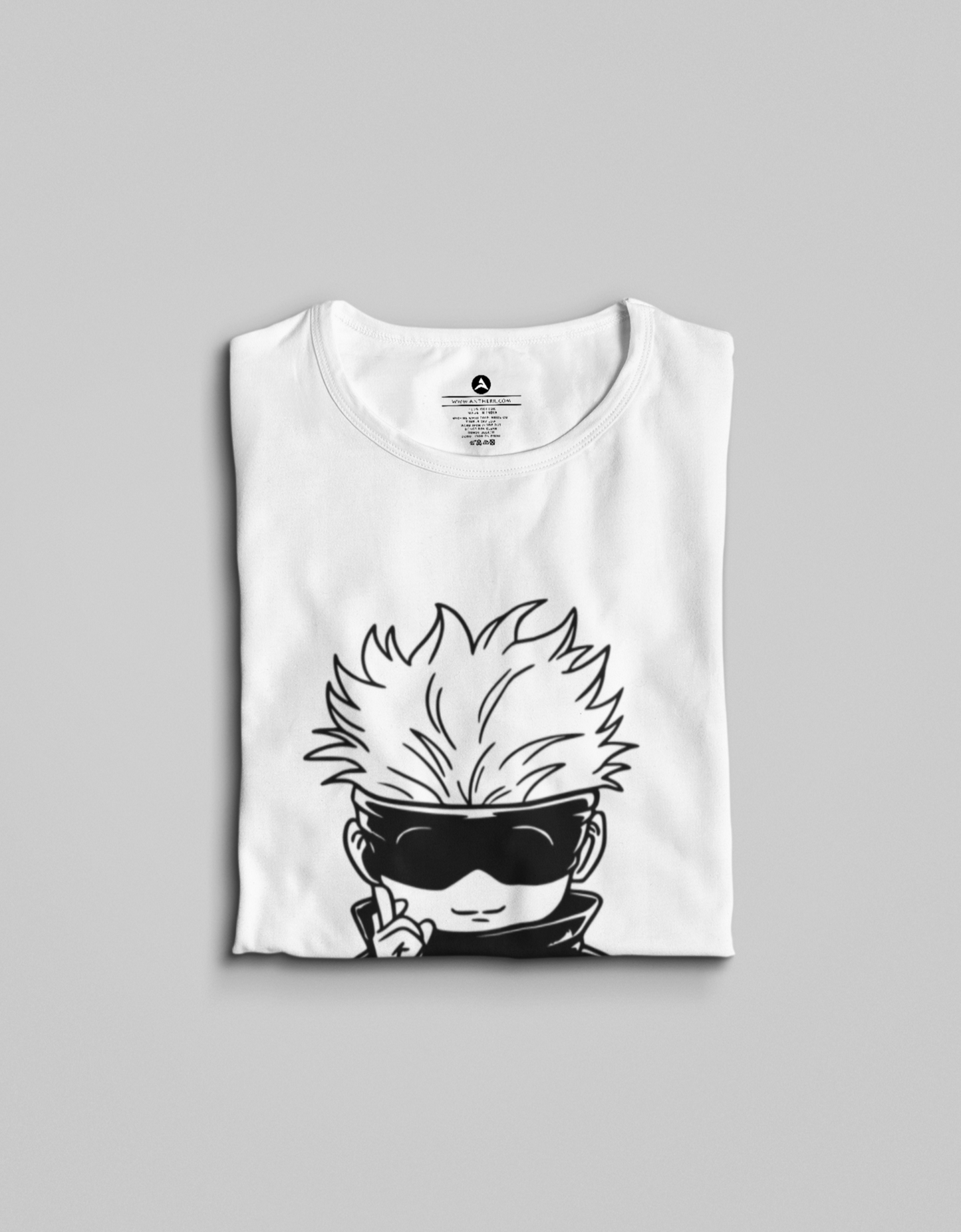 Round Anime Chibi Gojo Satoru White T-shirt, Half Sleeves, Printed