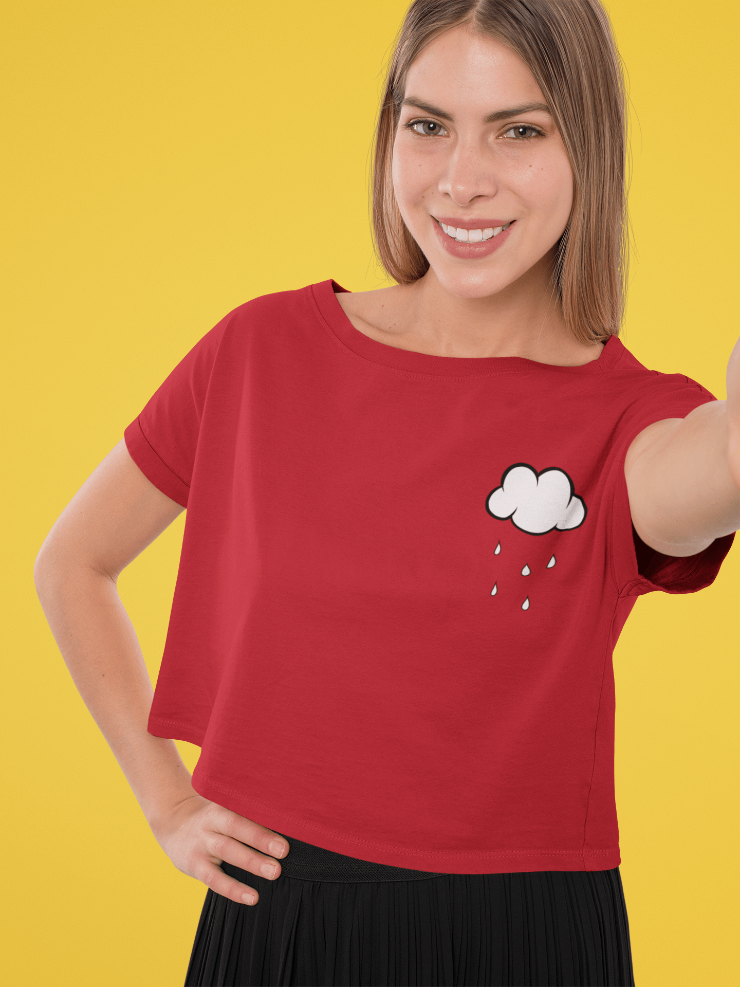 " CLOUDS AND RAINS " Half-sleeve Pocket Design Crop Top's RED